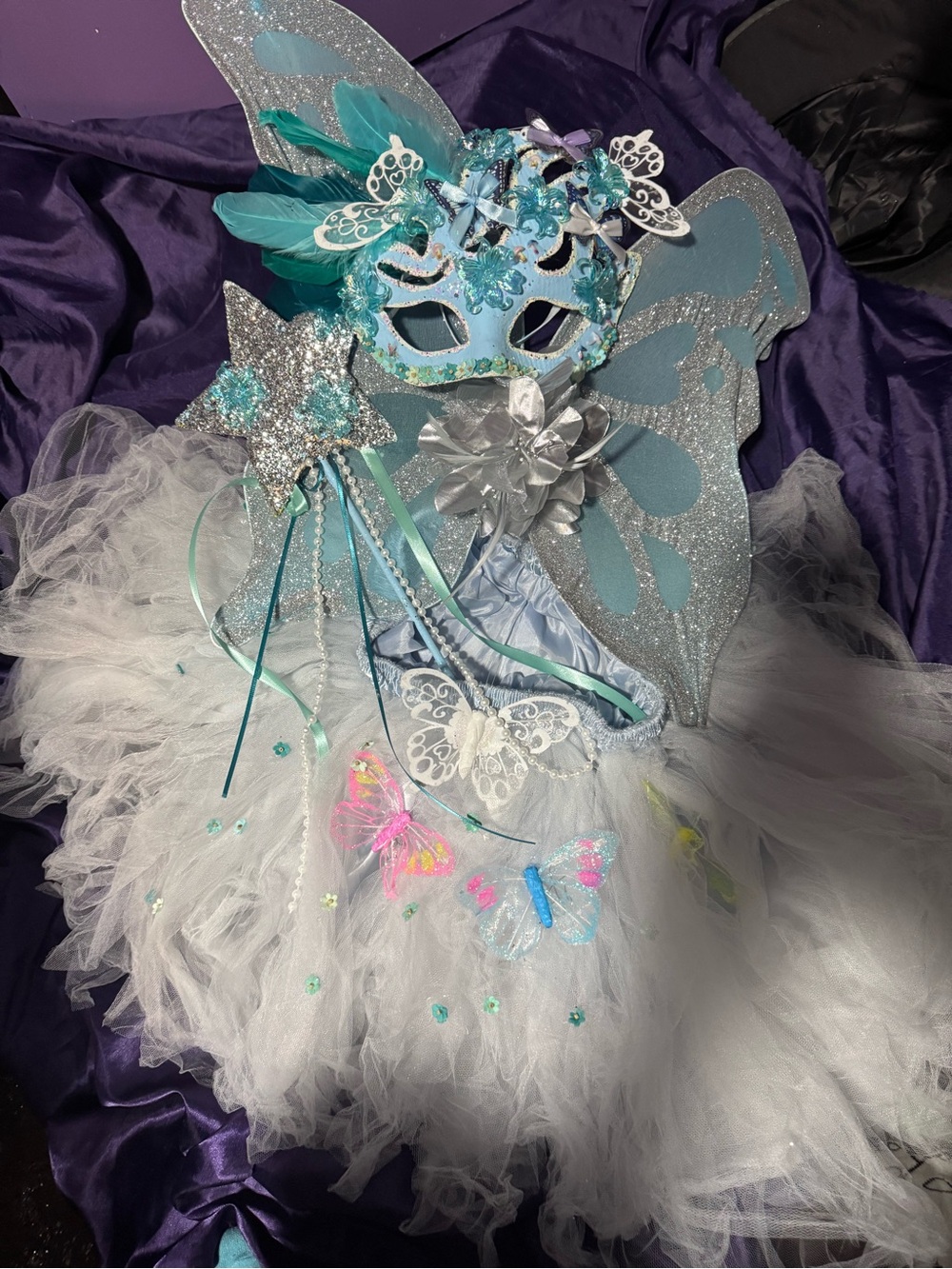 Blue & White Fairy Princess Costume with Tulle tutu, mask, wings and wand